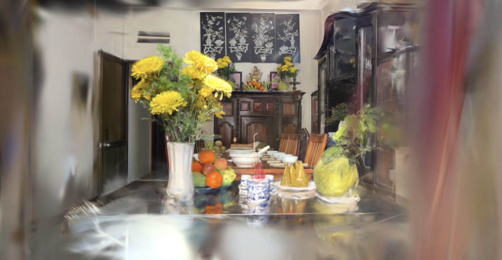 Gaussian-splat render of the family kitchen altar, Ho Chi Minh City